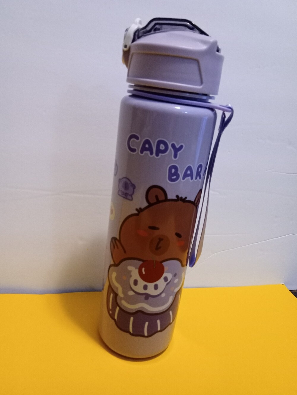 Kids Purple Capybara Plastic Water Bottle with Carry Strap